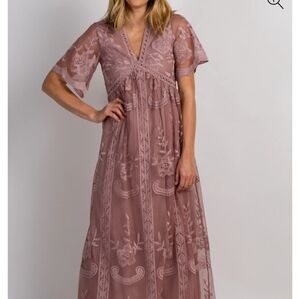 PinkBlush Dark Mauve Lace Mesh OverlayMaternity Maxi Dress- Medium